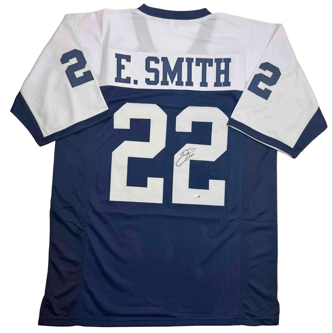 Autographed/Signed Emmitt Smith Dallas Thanksgiving Football Jersey Beckett COA