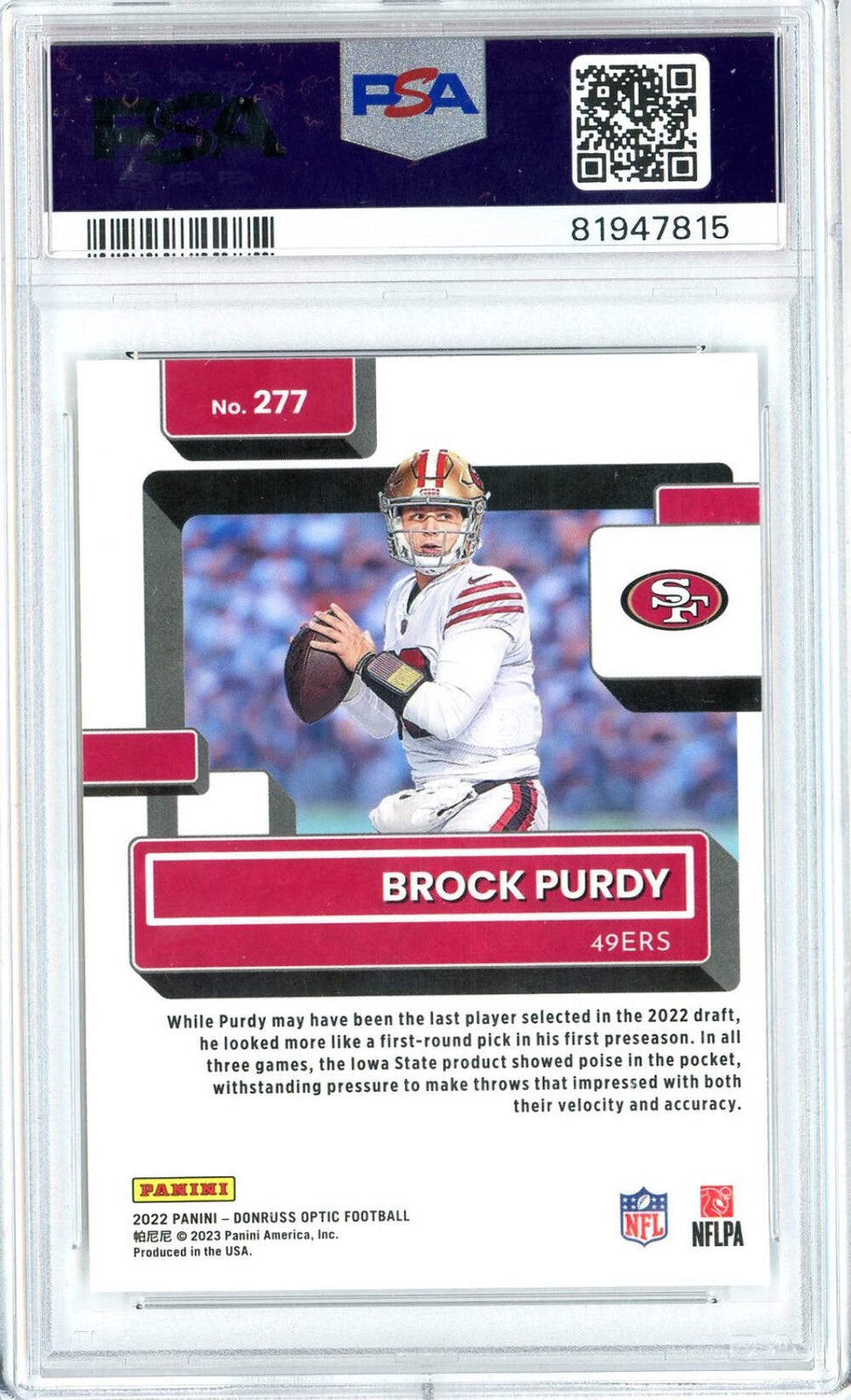 Graded 2022 Panini Donruss Optic Brock Purdy #277 Rookie RC Football Card PSA 10