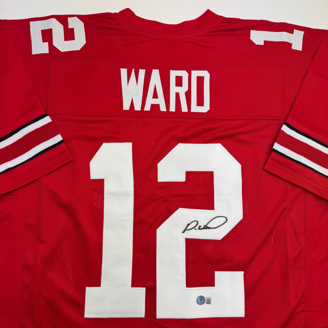 Autographed/Signed Denzel Ward Ohio State Red College Football Jersey BAS COA