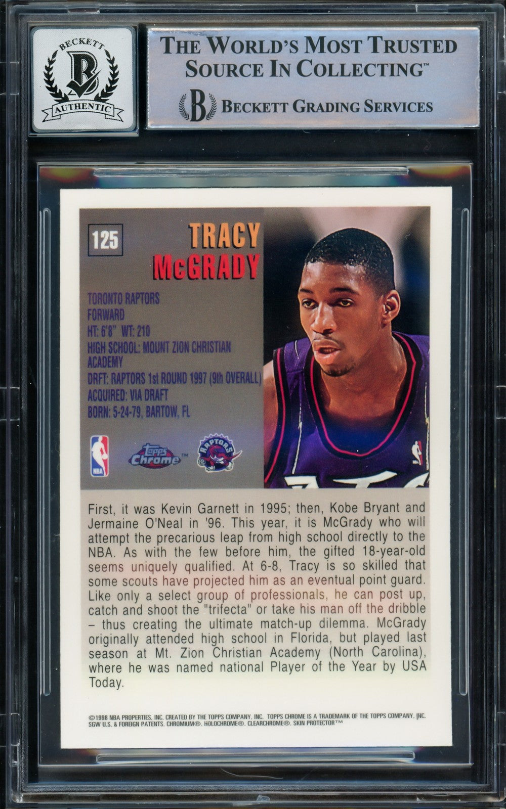 Tracy McGrady Signed 1997-98 Topps Chrome RC #125 Toronto Raptors Auto 10
