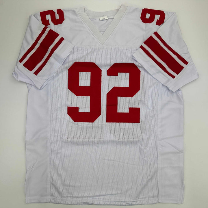 Facsimile Autographed Michael Strahan New York White Reprint Jersey Size Mens XL