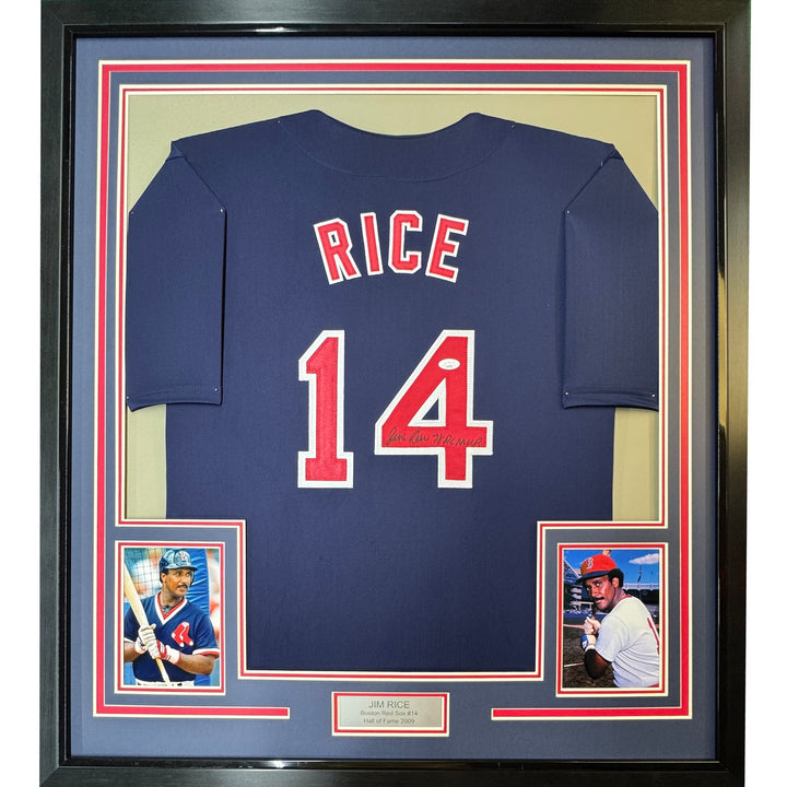 FRAMED Autographed/Signed JIM RICE 33x42 Boston Blue Jersey JSA COA