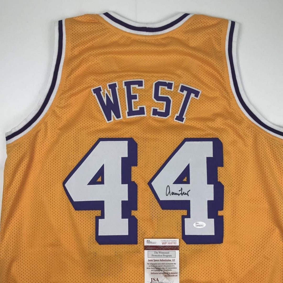 Autographed/Signed Jerry West Los Angeles LA Yellow Jersey JSA COA