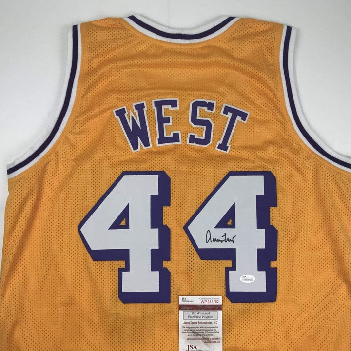 Autographed/Signed Jerry West Los Angeles LA Yellow Jersey JSA COA
