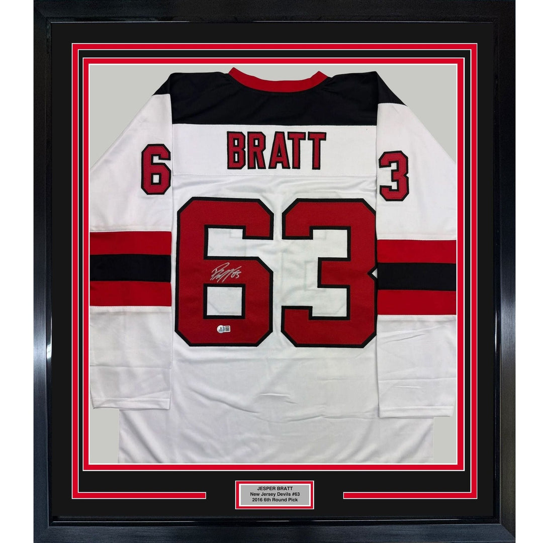 Framed Autographed/Signed Jesper Bratt 35x39 NJ White Jersey Beckett COA