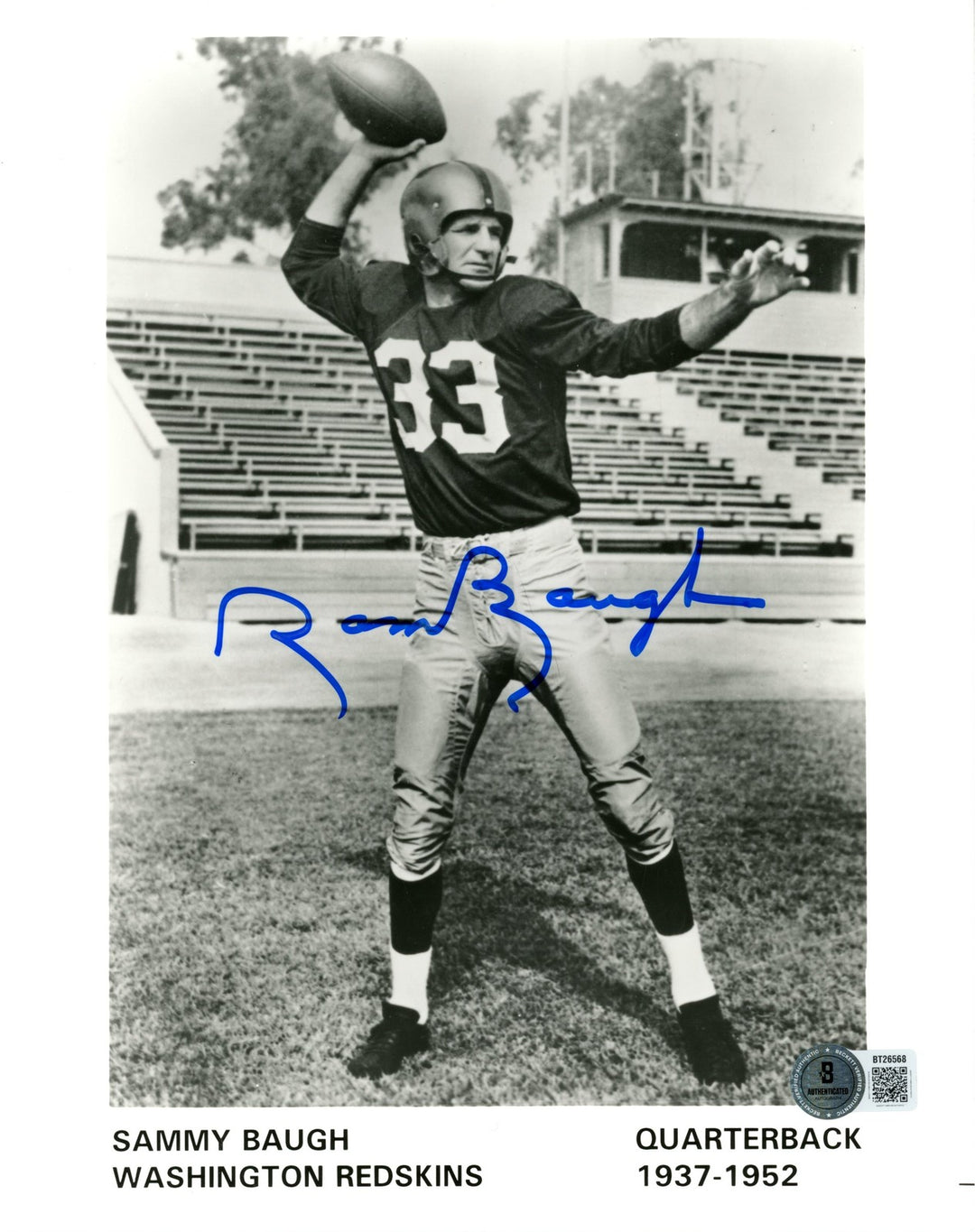 Sammy Baugh Autographed/Signed Washington Redskins 8x10 Photo Beckett 56650