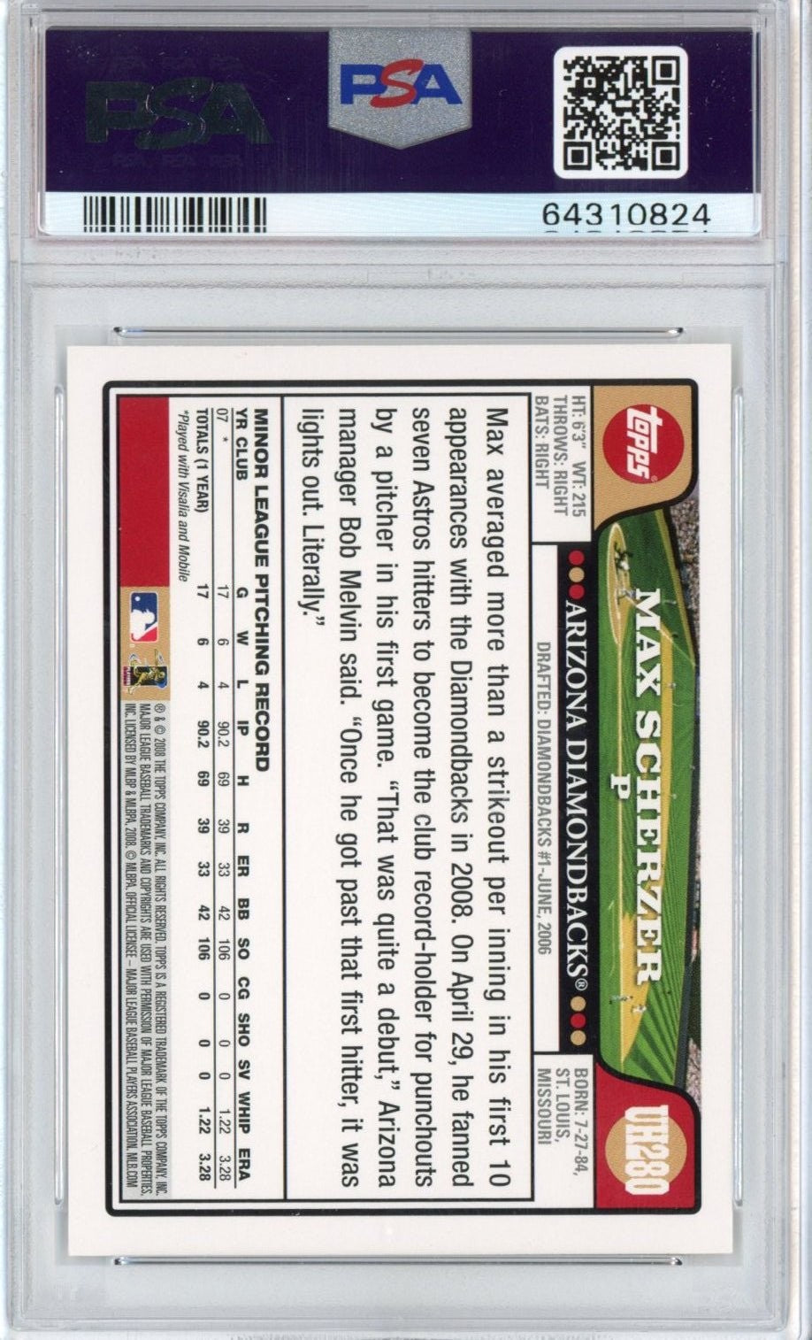 Graded 2008 Topps Update & Highlights Max Scherzer #UH280 Rookie Card PSA 9