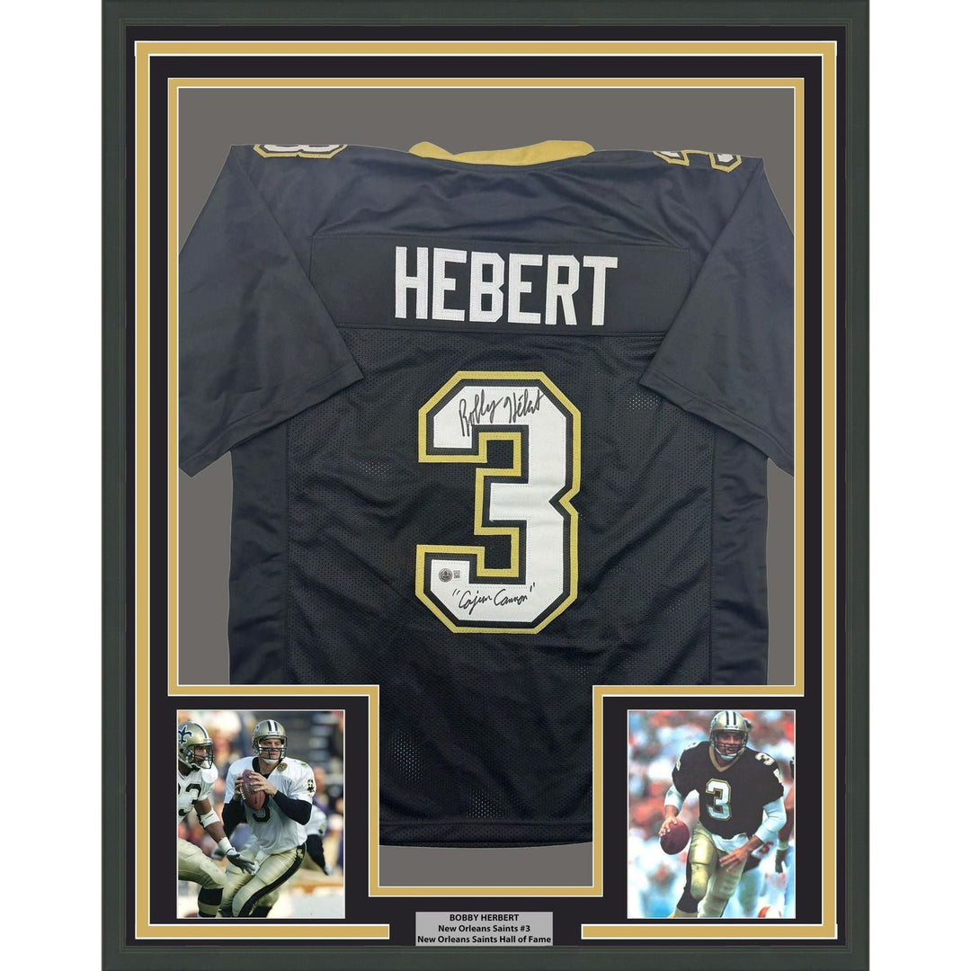 Framed Autographed/Signed Bobby Hebert 35x39 New Orleans Jersey Beckett COA