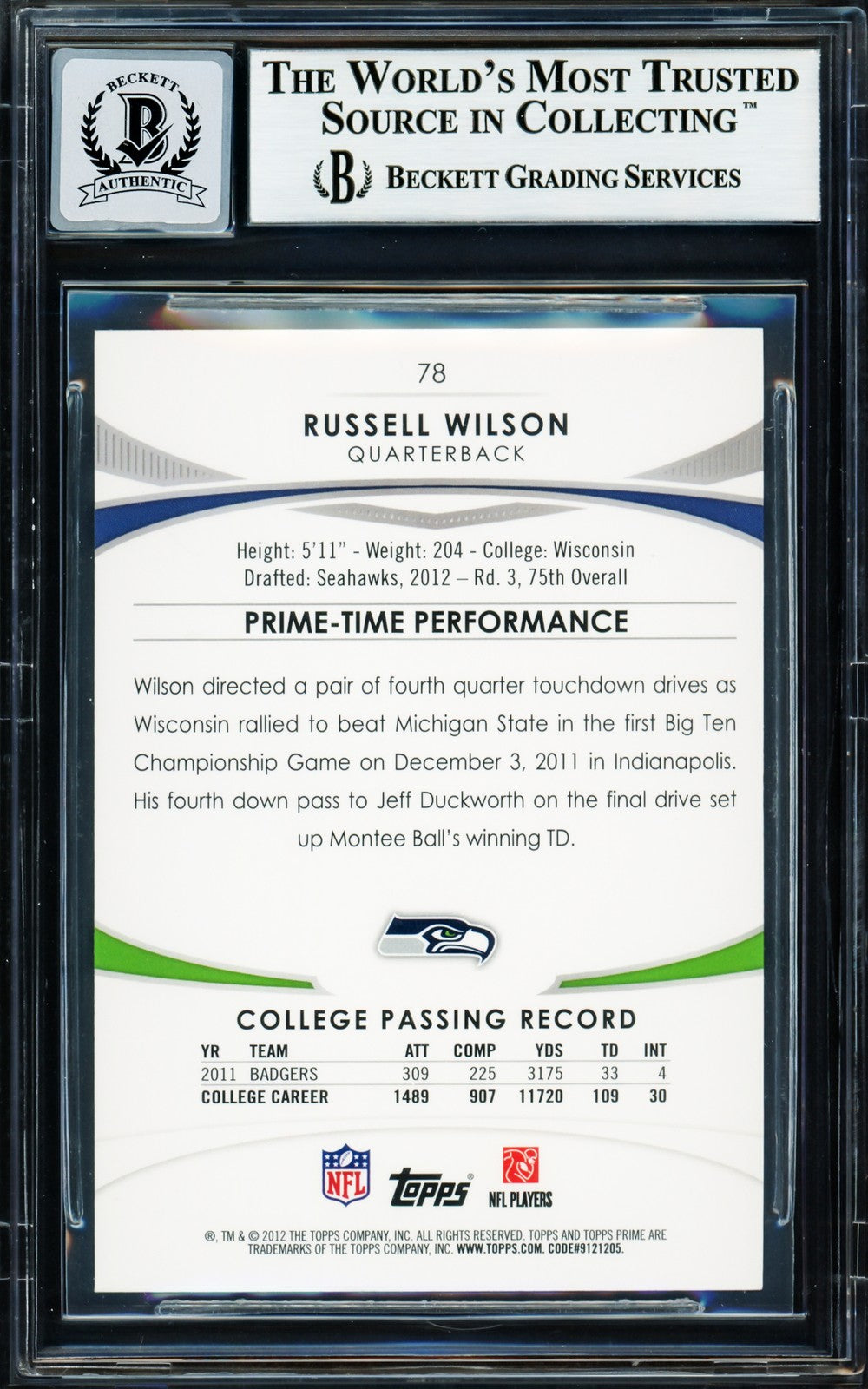Russell Wilson Signed 2012 Topps Prime RC 78 Seattle Seahawks Auto GM 10 Beckett