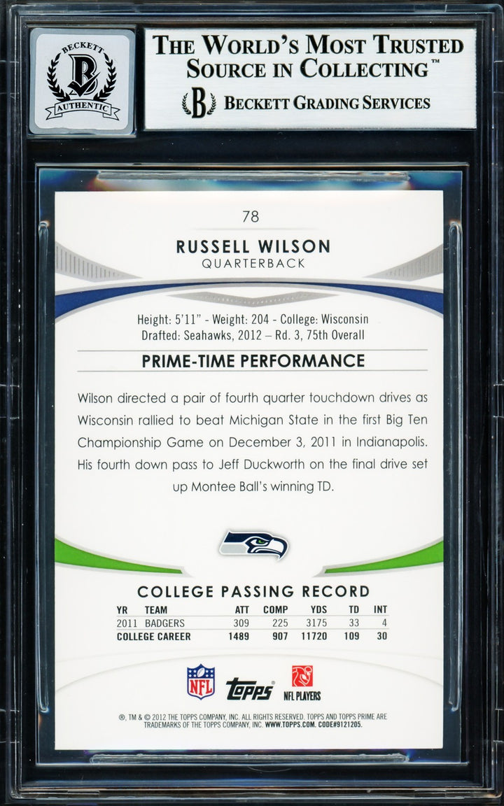 Russell Wilson Signed 2012 Topps Prime RC 78 Seattle Seahawks Auto GM 10 Beckett