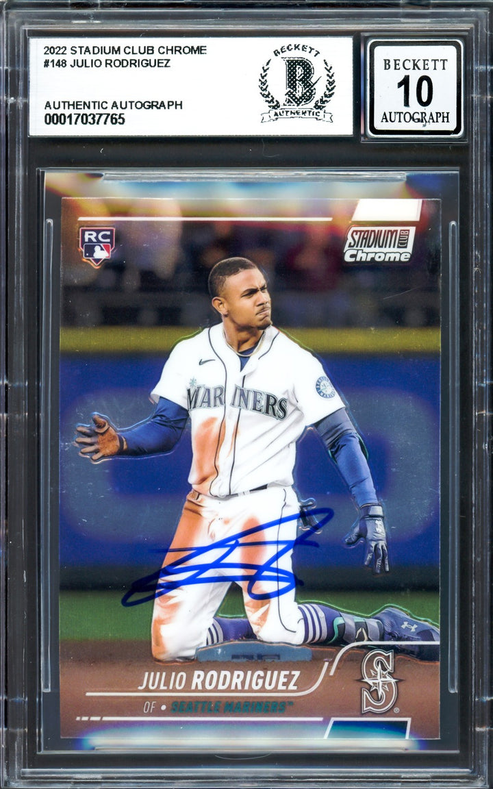 Julio Rodriguez Signed 2022 Stadium Club Chrome RC 148 Mariners Sig 10 Beckett