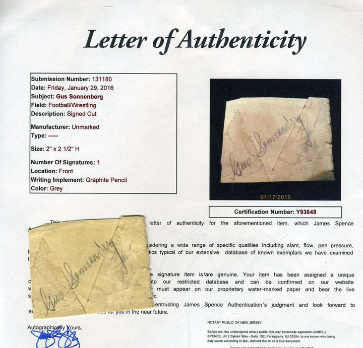 Gus Sonnenberg D.44 Jsa Coa Autographed Rare Wrestling Cut Hand Signed Authentic