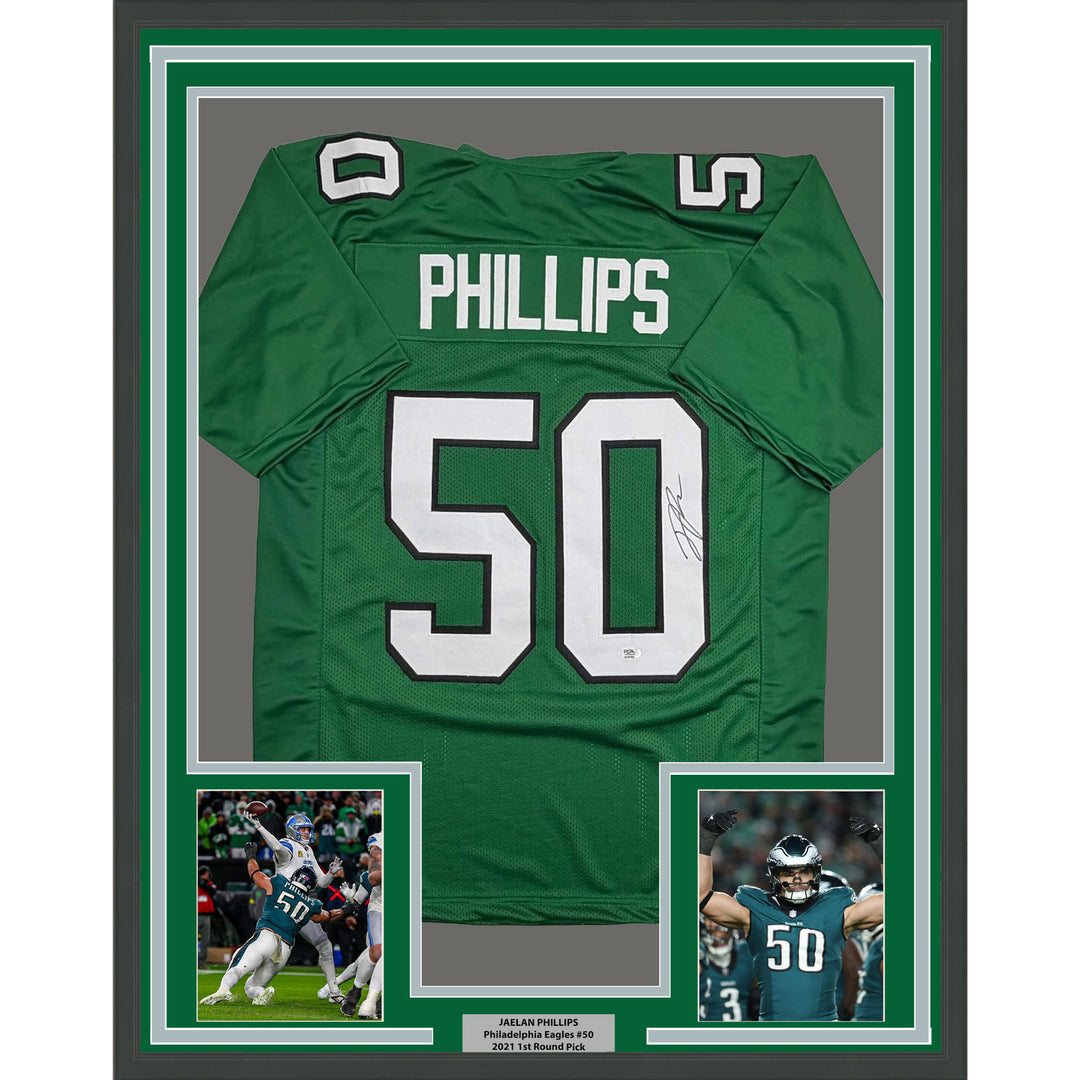 Framed Autographed/Signed Jaelan Phillips 35x39 Kelly Green Jersey PSA/DNA COA