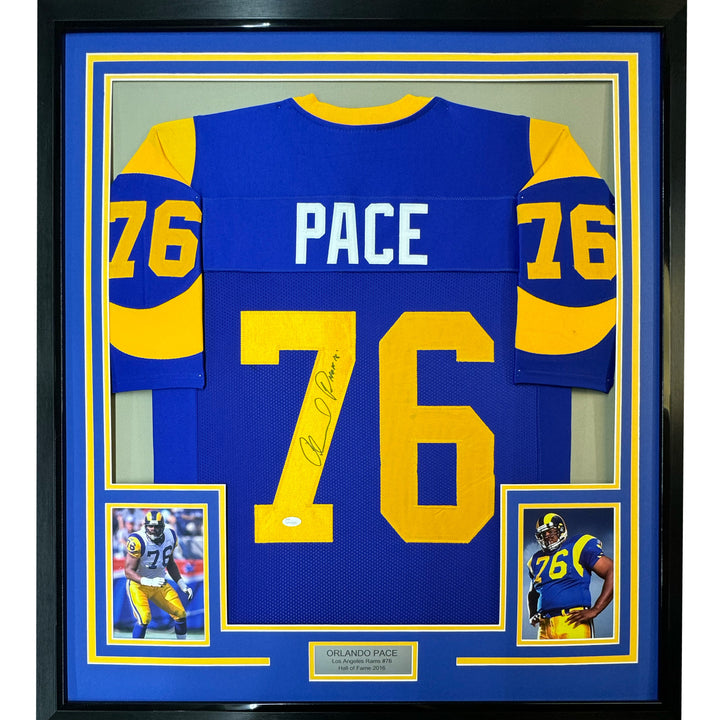 FRAMED Autographed/Signed ORLANDO PACE 33x42 Los Angeles LA Blue Jersey JSA COA