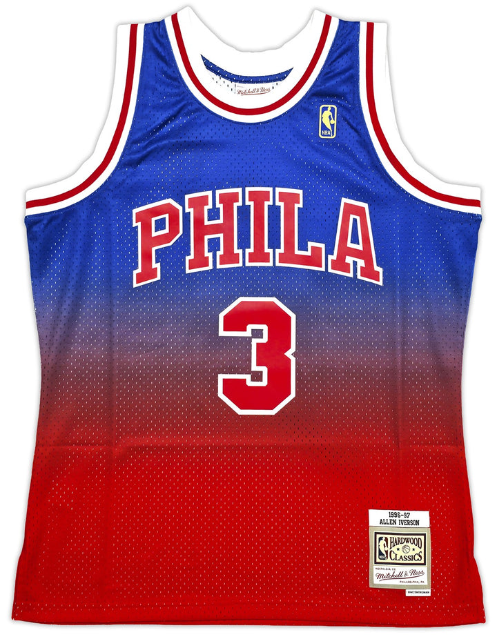 76ers Allen Iverson Auto Red Mitchell Ness 96-97 Swingman Fadeaway Jersey L BAS