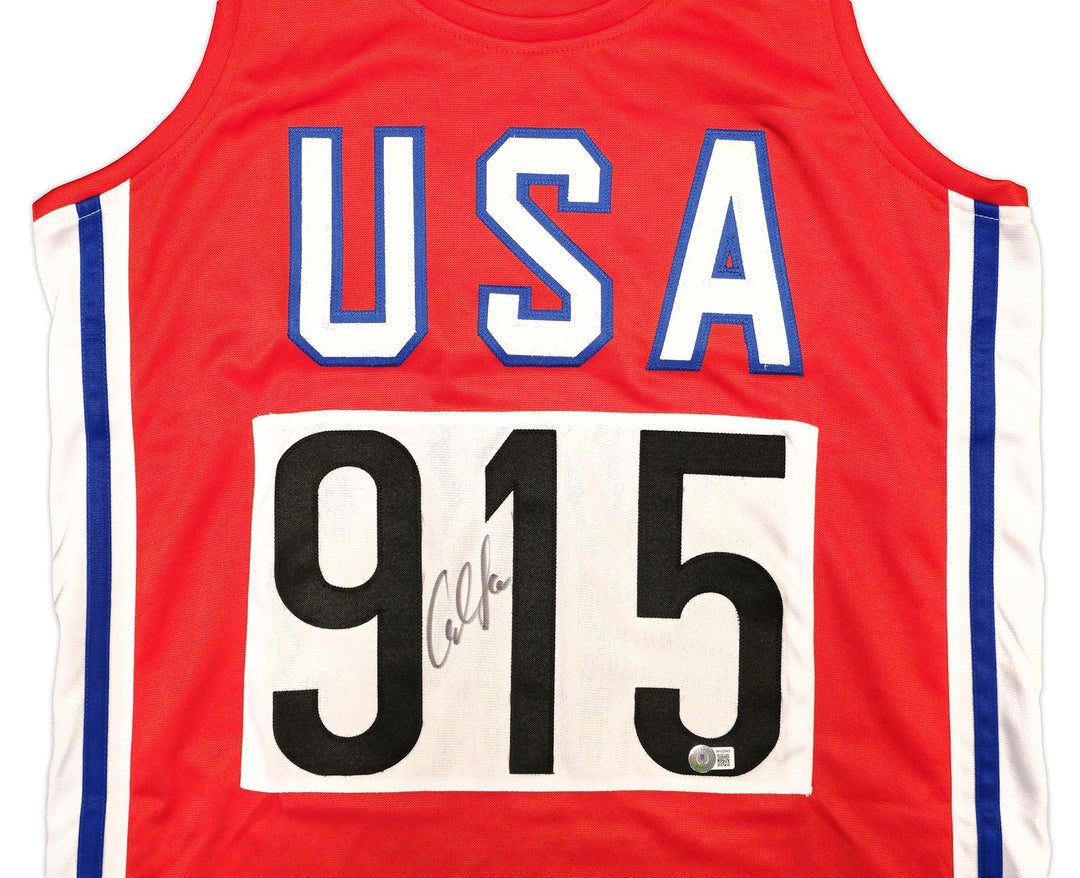 Team USA Carl Lewis Signed Red, White and Blue Jersey Beckett Witness