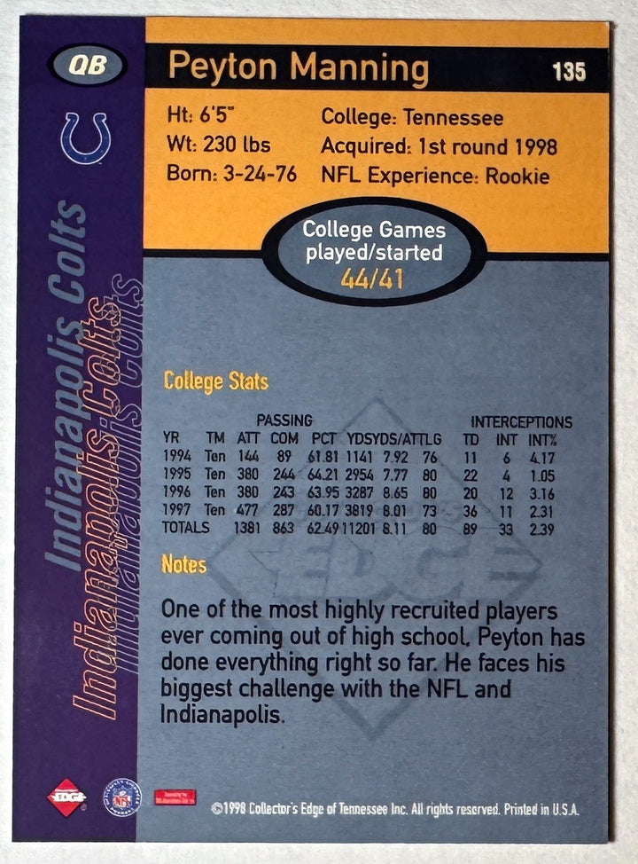 Peyton Manning signed 1998 Collector's Edge 1st Place Rookie Card #135 Colts/COA