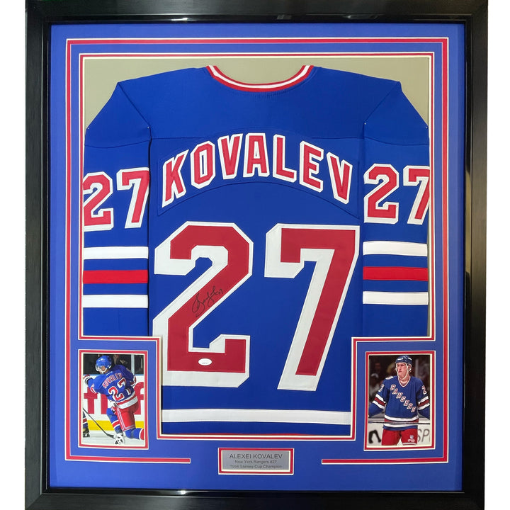 Framed Autographed/Signed Alexei Kovalev 33x42 New York Blue Jersey JSA COA