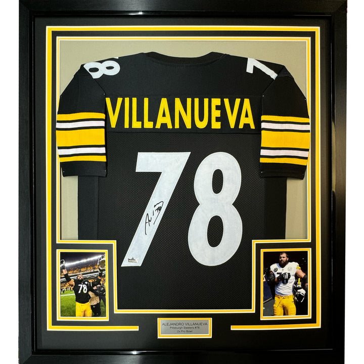 Framed Facsimile Autographed Alejandro Villanueva 35x39 Black Reprint Jersey