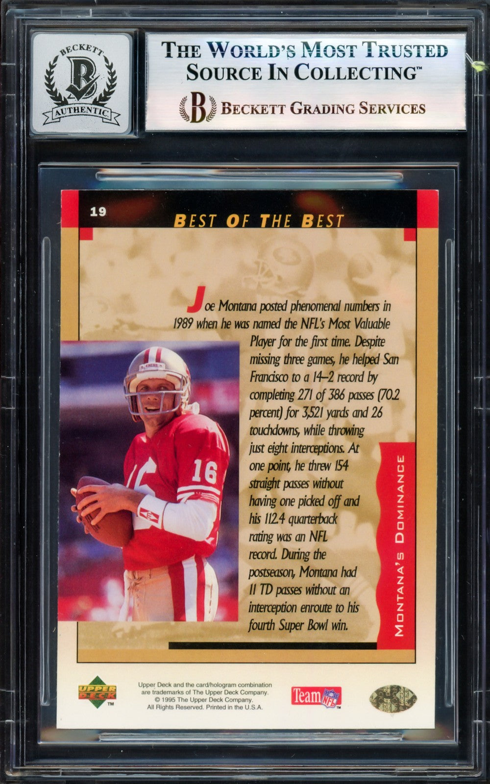 Joe Montana Signed 1995 Upper Deck Card 19 49ers Auto GM 10 Beckett #17604202