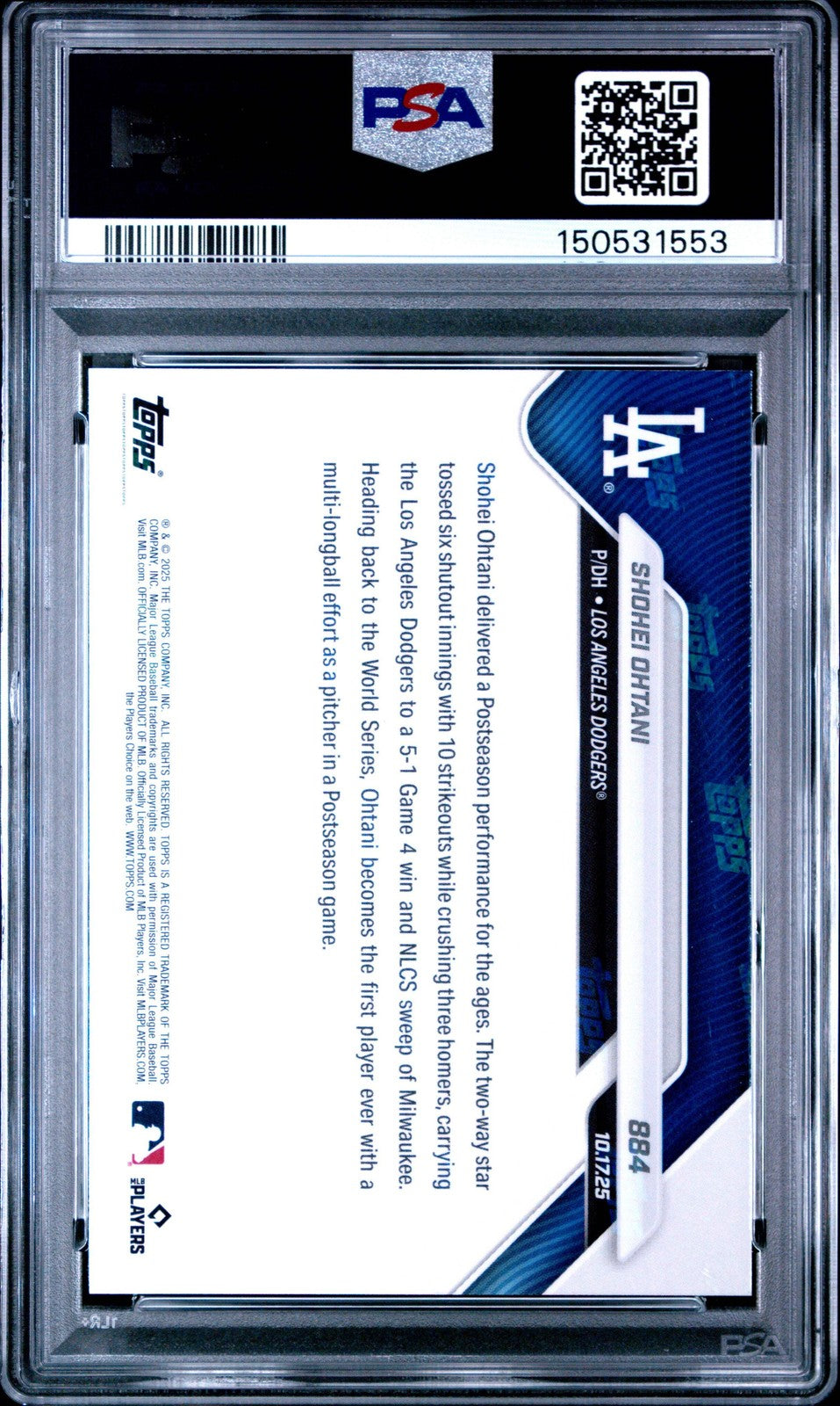 Graded 2025 Topps Now Shohei Ohtani #884 Baseball Card PSA 10 Gem Mint
