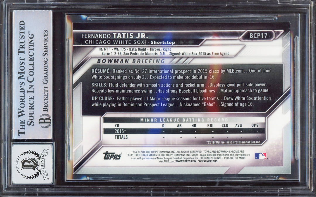 Fernando Tatis Jr Auto 2016 Bowman Chrome Prospect RC BCP17 BGS 9 Sig 10 Beckett