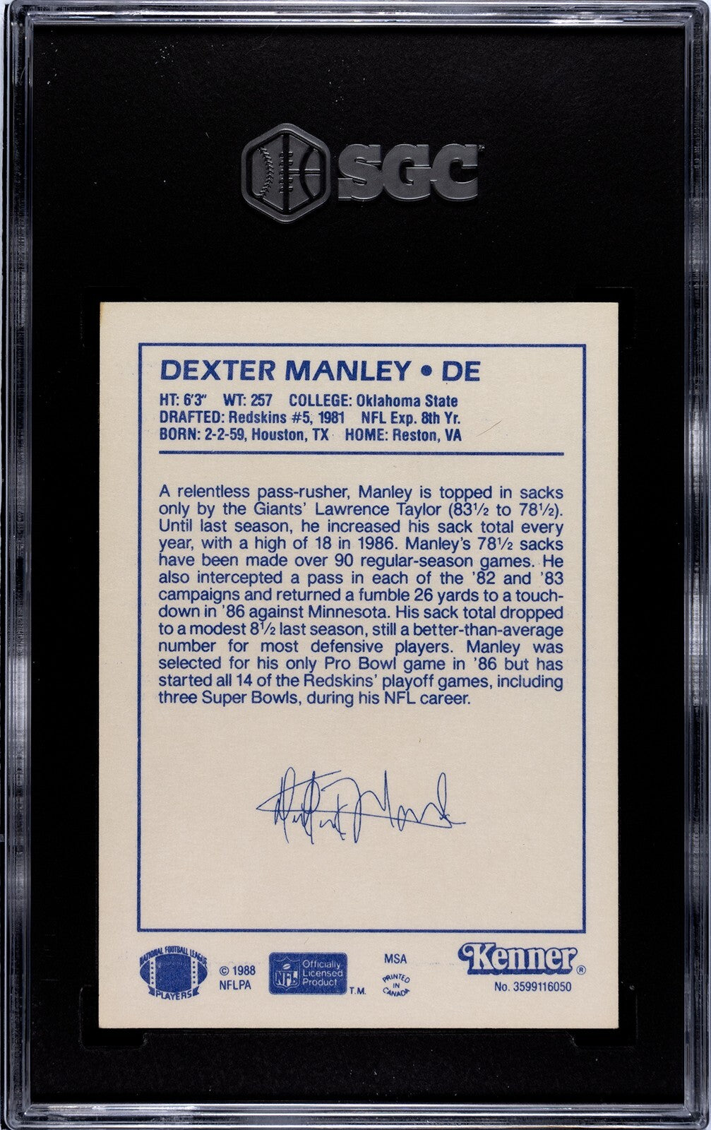 Dexter Manley 1988 Kenner NFL Starting Lineup Card Washington - SGC Graded 9 MT