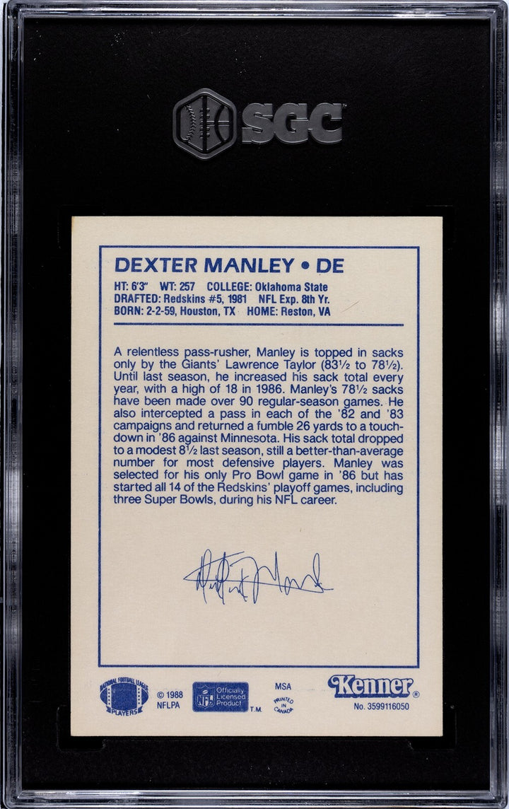 Dexter Manley 1988 Kenner NFL Starting Lineup Card Washington - SGC Graded 9 MT