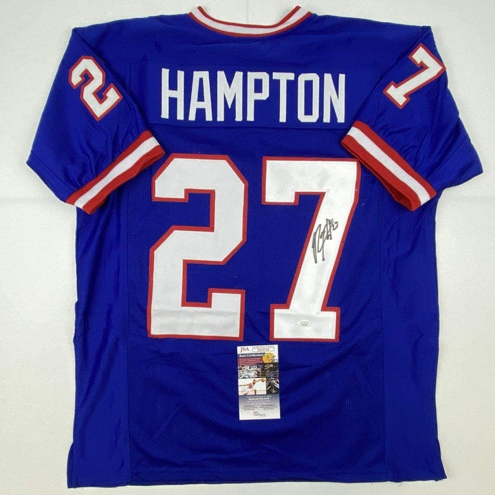 Autographed/Signed RODNEY HAMPTON New York Blue Jersey JSA COA Auto