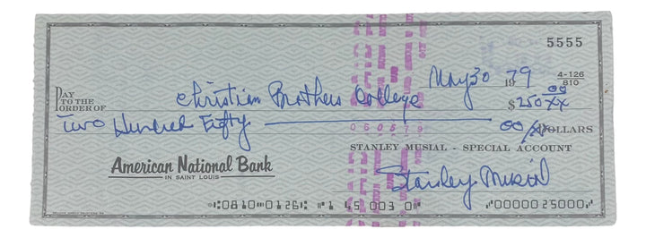 Stan Musial St. Louis Cardinals Signed  Bank Check #5555 BAS