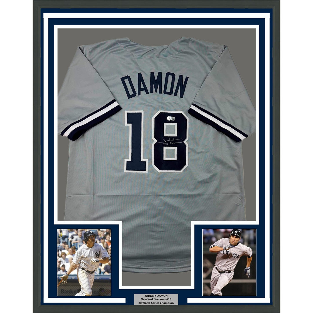 Framed Autographed/Signed Johnny Damon 35x39 New York Grey Jersey BAS COA