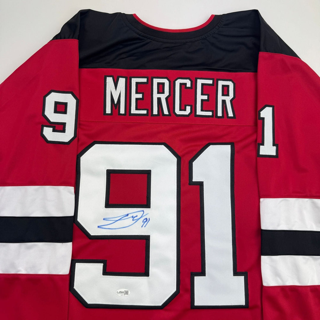 Autographed/Signed Dawson Mercer New Jersey NJ Red Hockey Jersey JSA COA