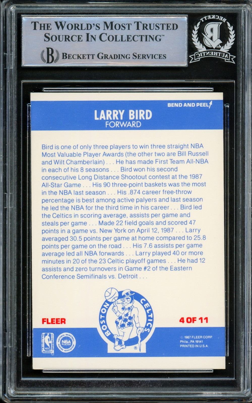 Larry Bird Signed 1987-88 Fleer Sticker Card 4 Boston Celtics Beckett #14612413