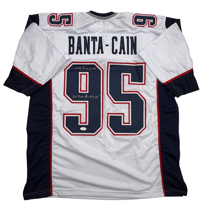 Autographed/Signed Tully Banta-Cain New England White Football Jersey JSA COA