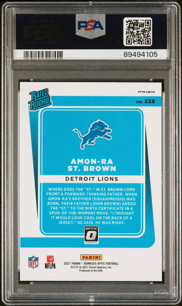 Graded 2021 Donruss Optic AmonRa St Brown #228 Purple Shock Football Card PSA 10