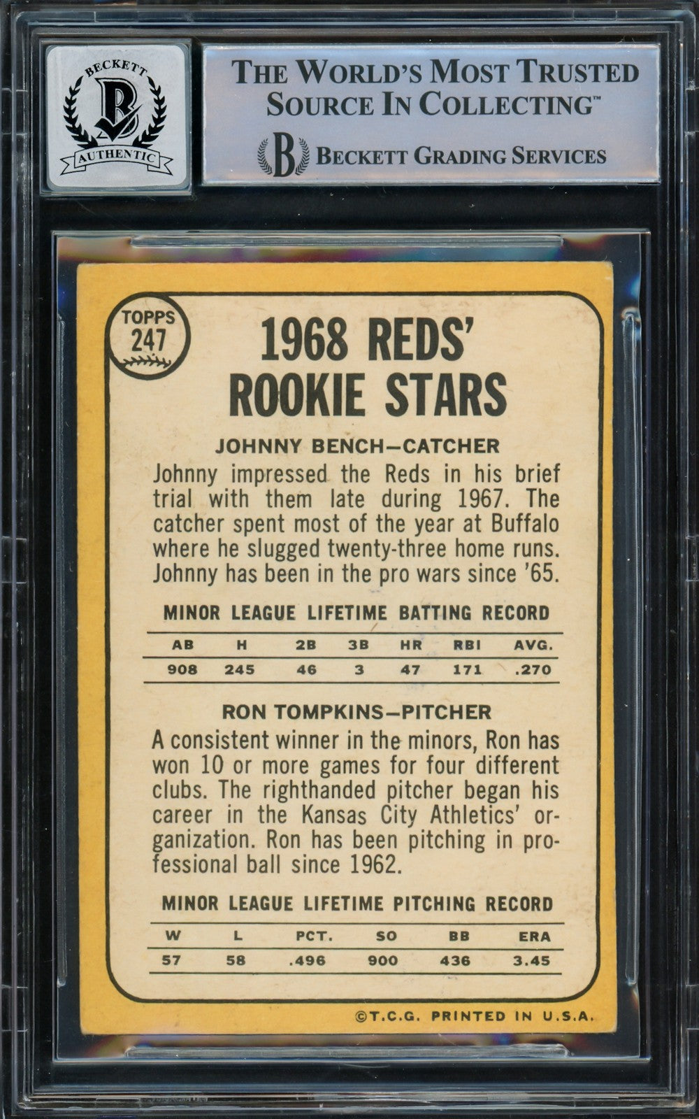 Johnny Bench Signed 1968 Topps RC 247 Reds Auto 10 (Off Condition) Beckett