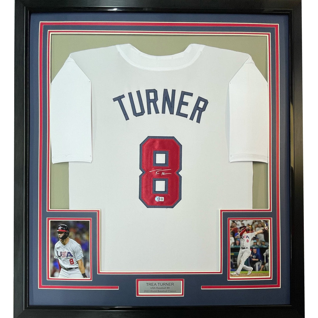 Framed Autographed/Signed Trea Turner 33x42 USA White Jersey Beckett COA