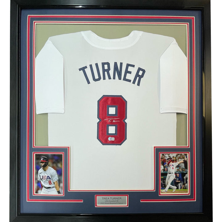 Framed Autographed/Signed Trea Turner 33x42 USA White Jersey Beckett COA