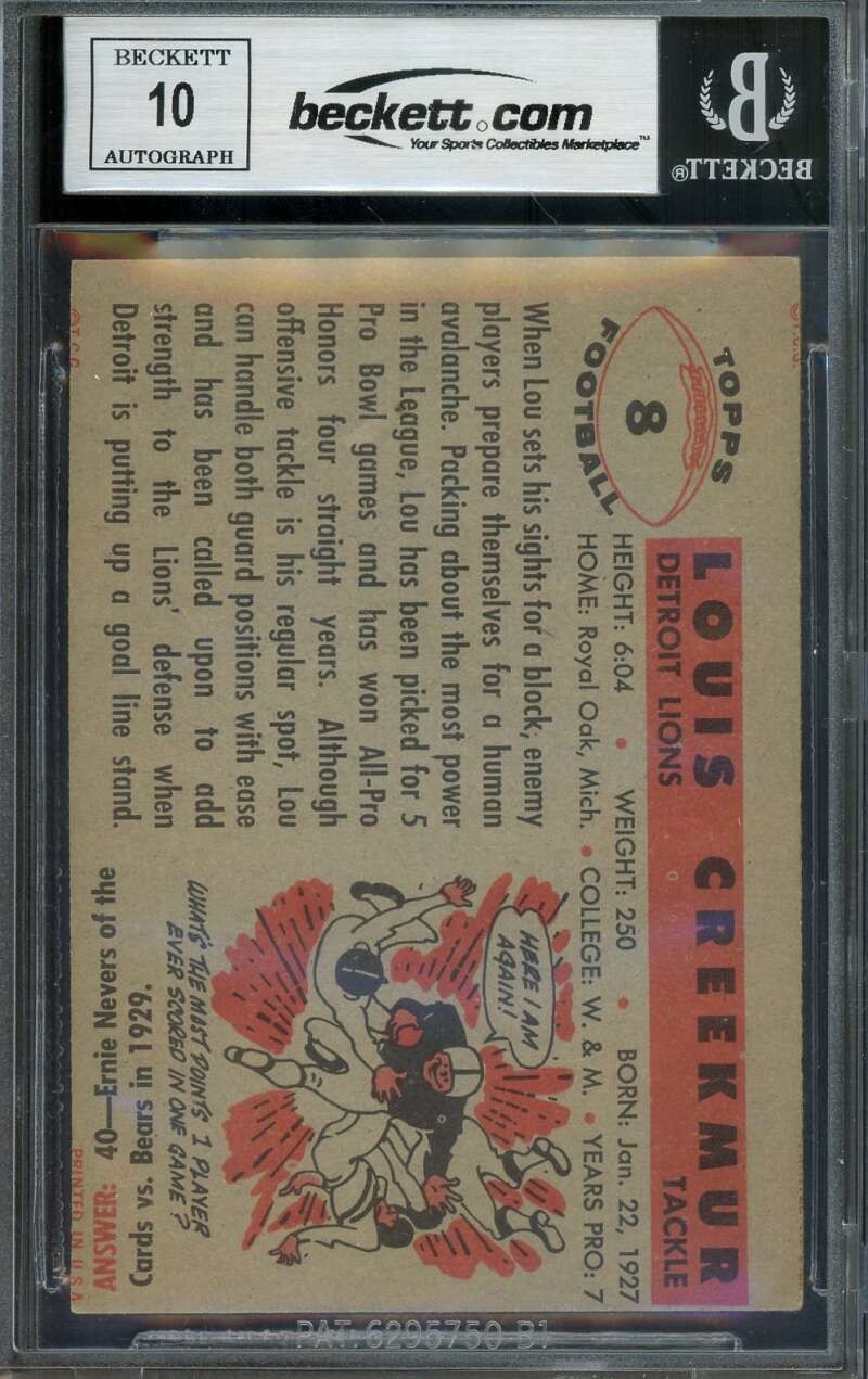 Lou Creekmur Gem Mint 10 Beckett BAS Signed 1956 Topps Autograph