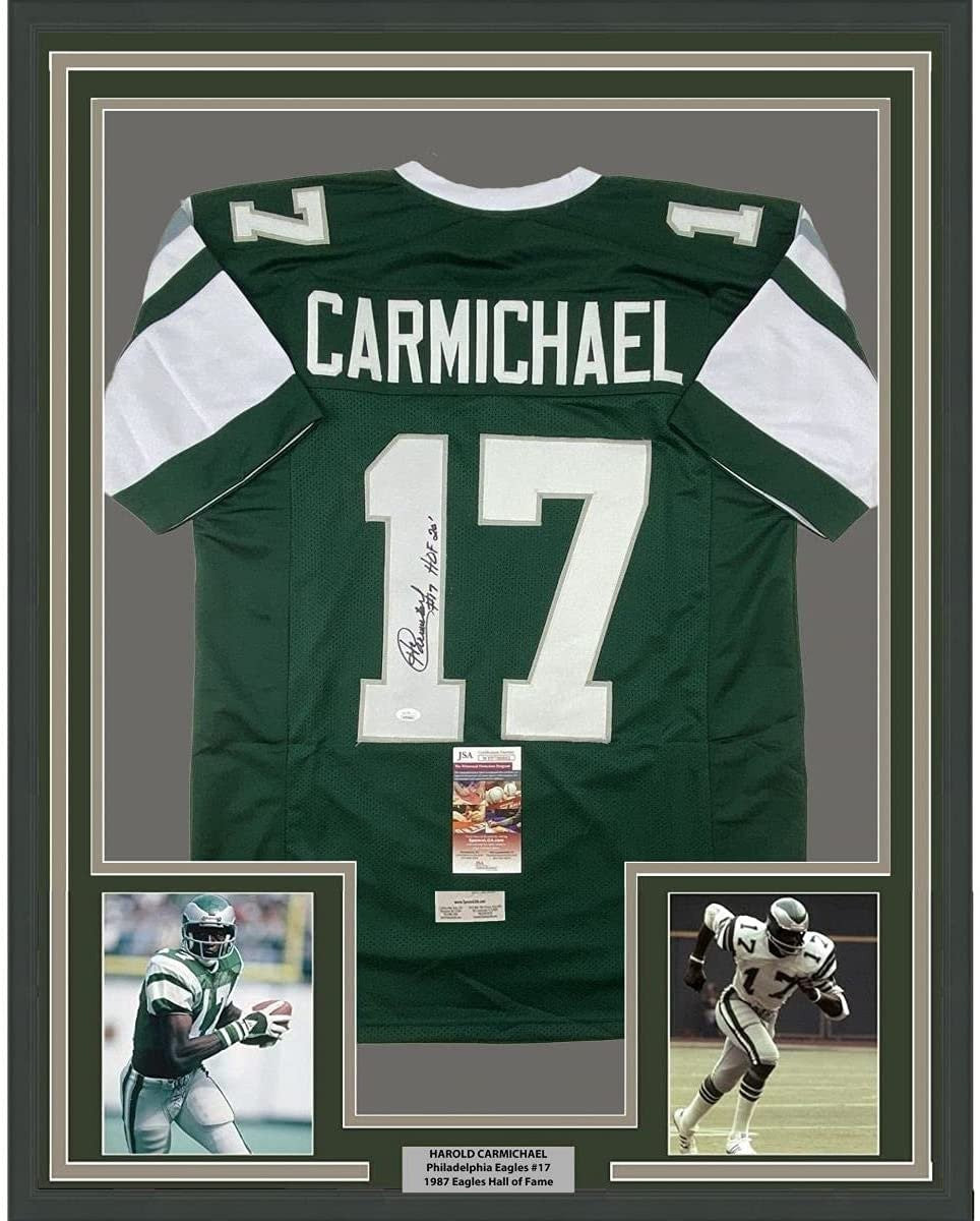 Framed Signed Harold Carmichael 35x39 HOF 20 Green Jersey JSA COA