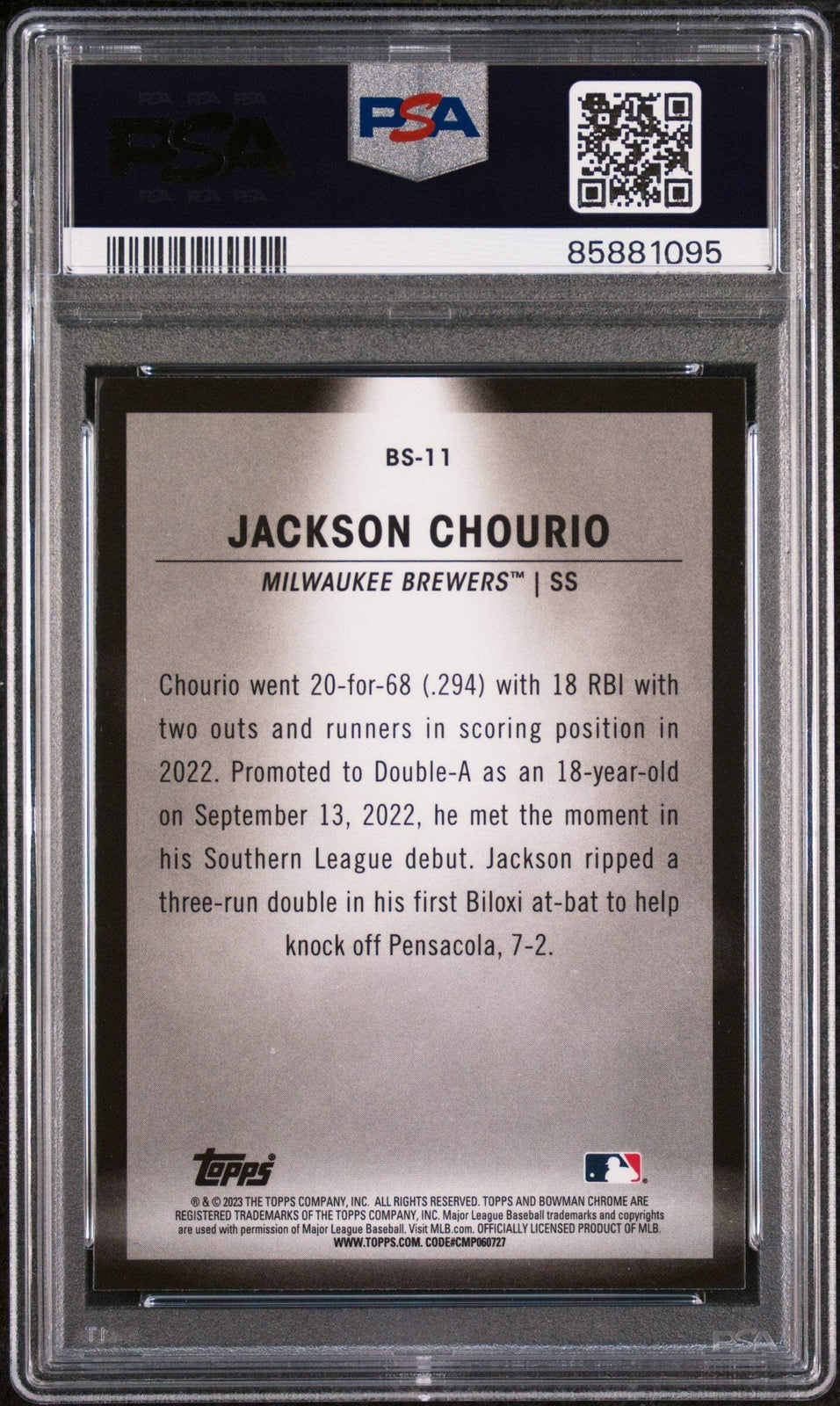 Graded 2023 Bowman Jackson Chourio #BS11 Spotlights Rookie Baseball Card PSA 10