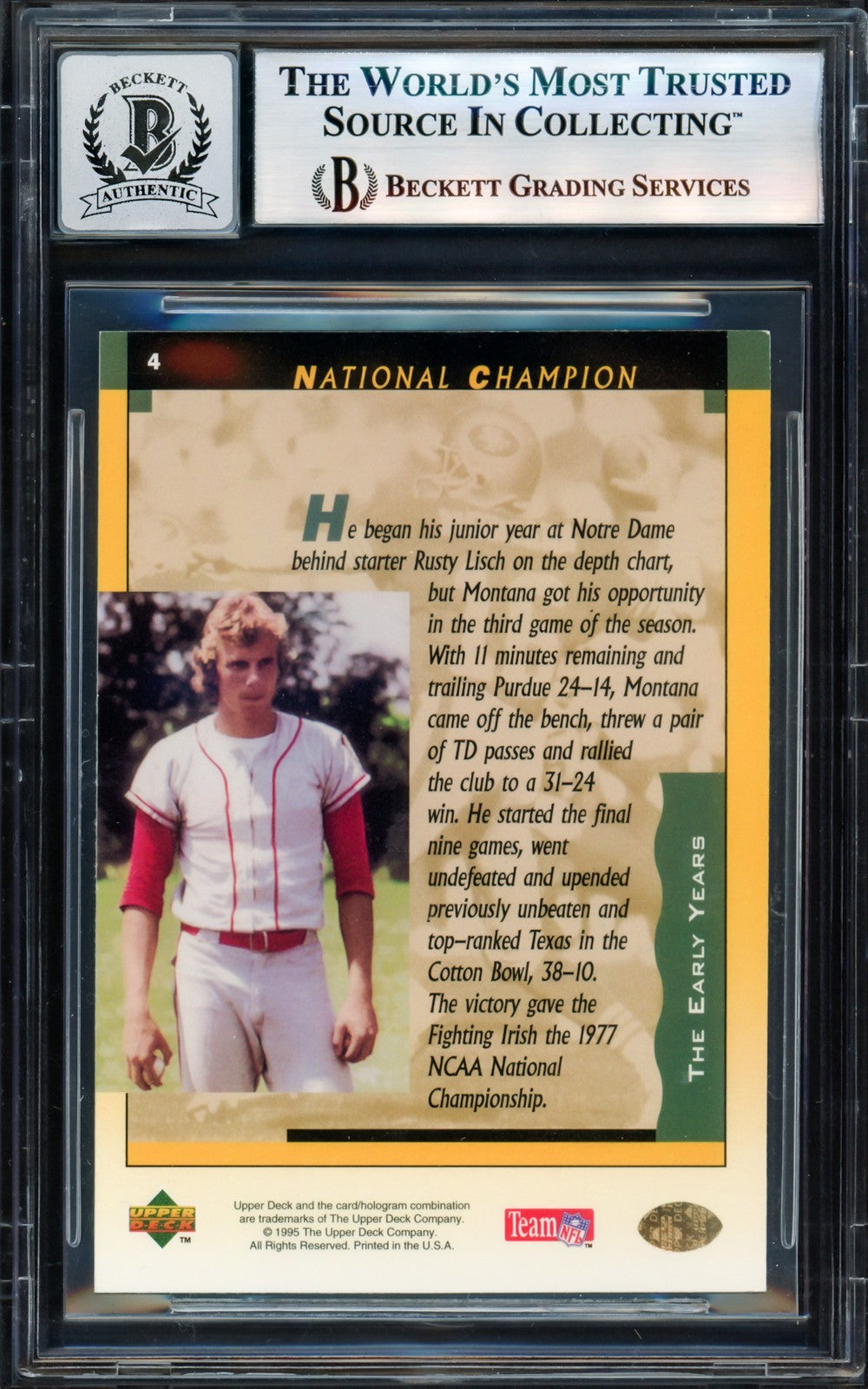 Joe Montana Signed 1995 Upper Deck Card 4 San Francisco 49ers Auto GM 10 Beckett