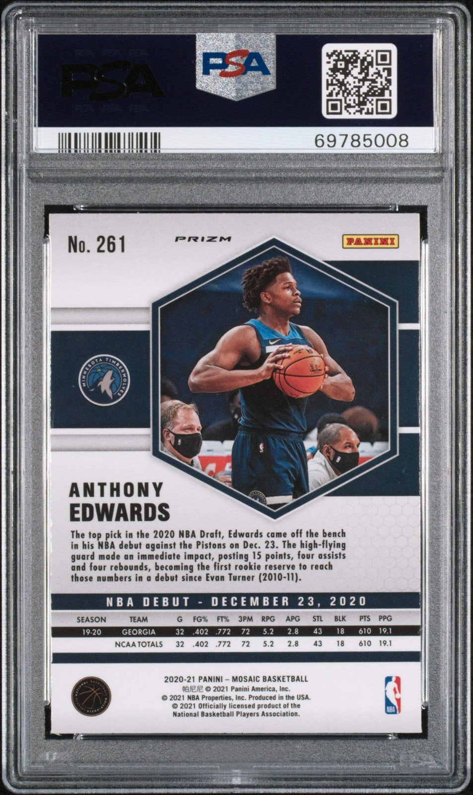 Graded 2020 Mosaic Anthony Edwards #261 Reactive Blue RC Basketball Card PSA 10