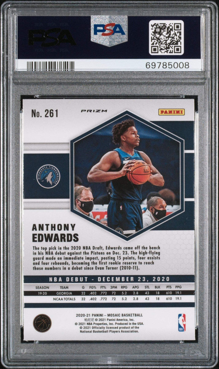 Graded 2020 Mosaic Anthony Edwards #261 Reactive Blue RC Basketball Card PSA 10