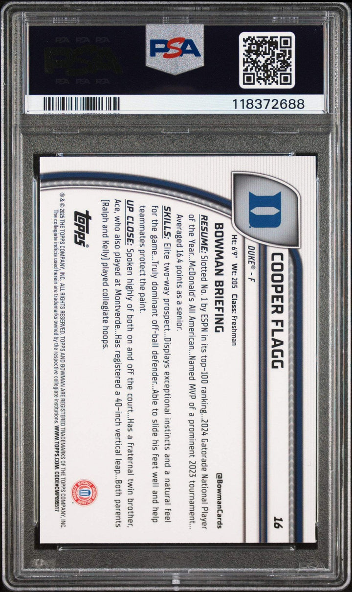 Graded 2024 Bowman CHR U Cooper Flagg #16 Green Shimmer Basketball Card PSA 10