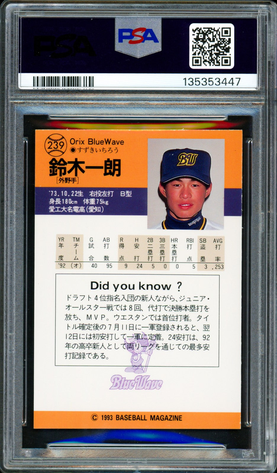Ichiro Suzuki Auto 1993 BBM RC 239 Mariners PSA 8 Sig 10 "#51" In Kanji PSA/DNA