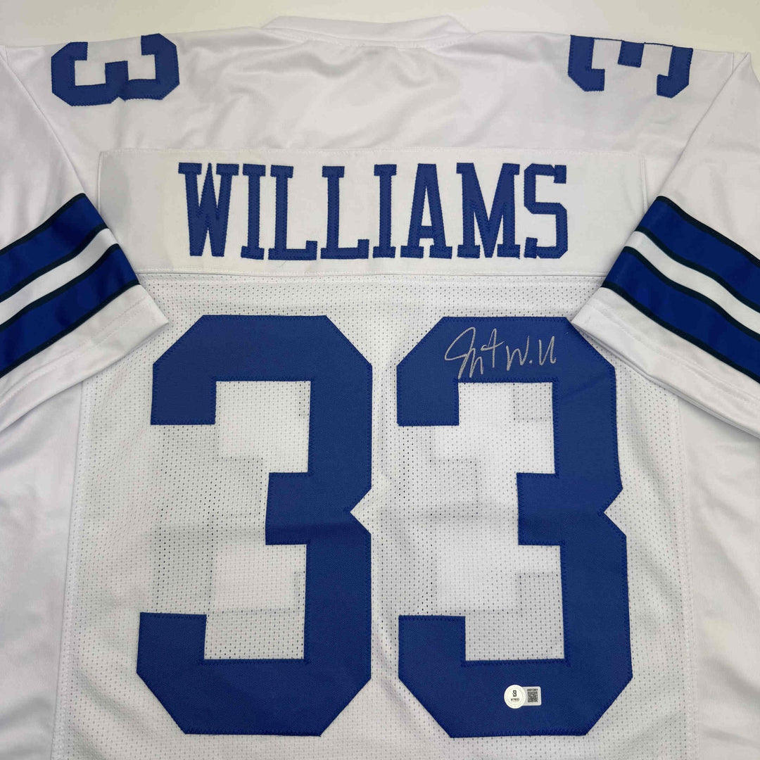 Autographed/Signed Javonte Williams Dallas White Football Jersey Beckett BAS COA