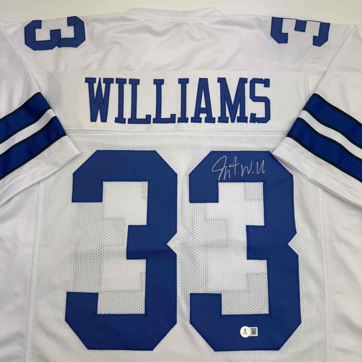 Autographed/Signed Javonte Williams Dallas White Football Jersey Beckett BAS COA