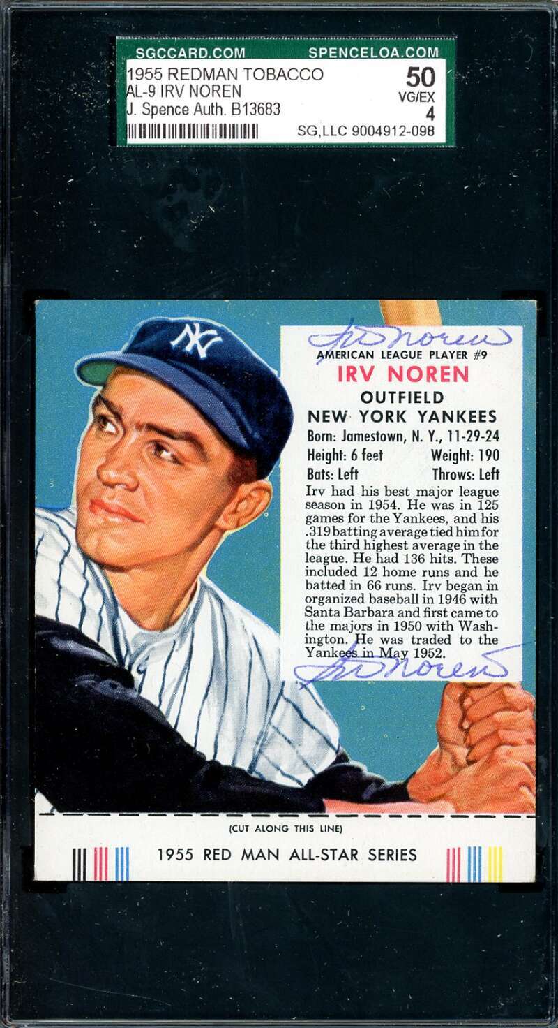 Irv Noren JSA SGC Coa Signed Twice 1955 Red Man Tobacco With Tab Autograph
