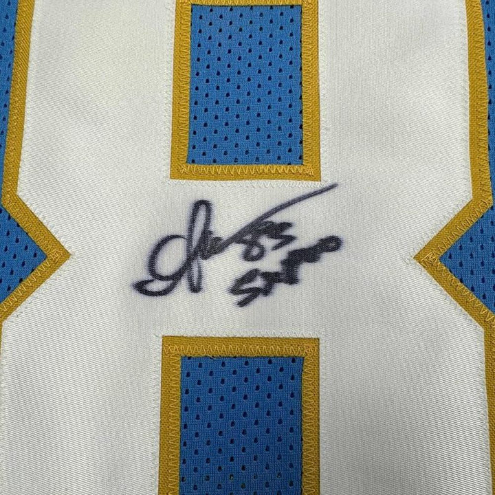 Framed Autographed/Signed Anthony Miller 35x39 San Diego LA Blue Jersey JSA COA
